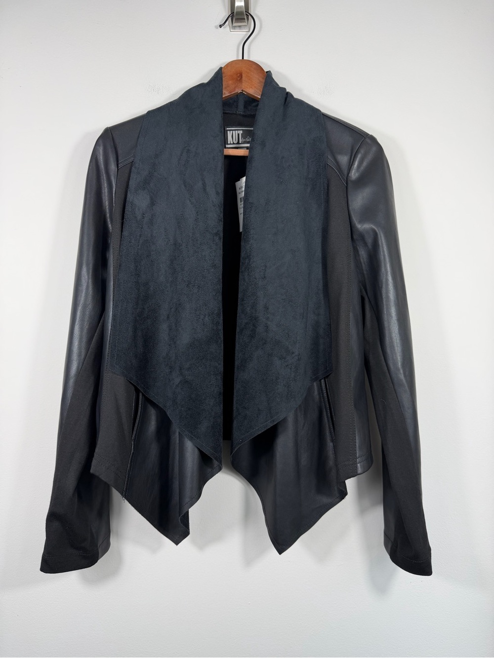 KUT from the Kloth Faux Leather Drape Front Jacket Black Medium NWT